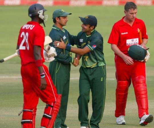 Saeed Ajmal and Rameez Raja celebrate Pakistan's victory in 1st T20
