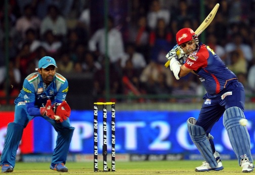 Virender Sehwag plays an aggressive shot