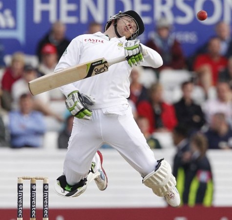 AB de Villiers jumps to avoid a short ball from Steven Finn AB de Villiers jumps to avoid a short ball from Steven Finn