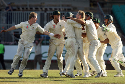 Australia celebrate their 16th consecutive Test win